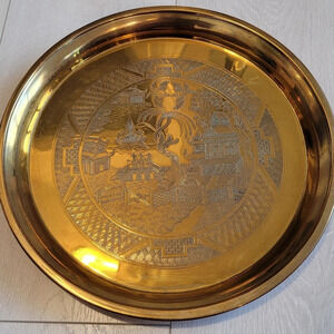 Vintage Solid Brass Decorative Plate Tray Blue Willow Scene Imported Collectible